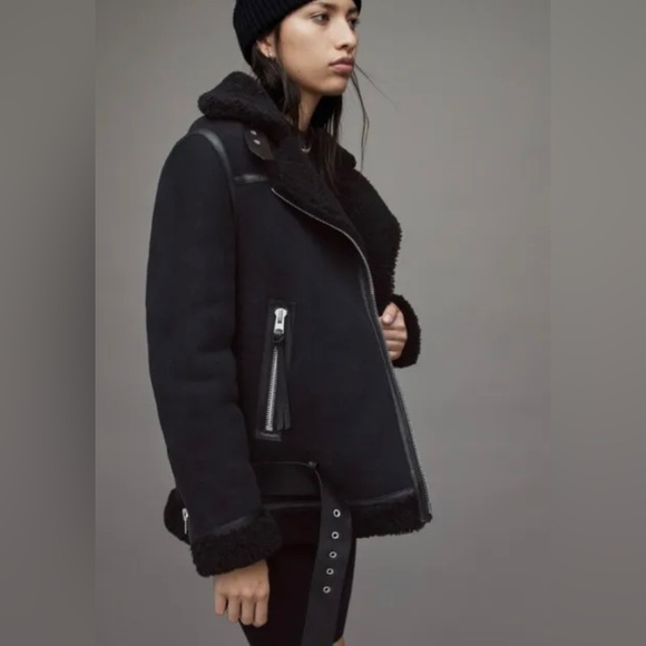 ALLSAINTS Size S Rei Shearling Biker Jacket Coat Leather Suede RRP $1749 - Picture 5 of 9